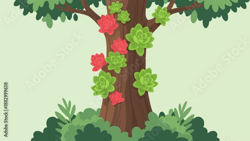 Stylized tree trunk adorned with succulents and lush foliage