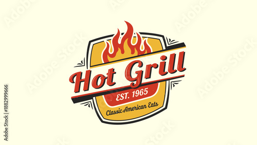 Retro style logo for a classic American grill and eatery, featuring a vibrant flaming design and vintage typography, ideal for restaurant branding and menu development