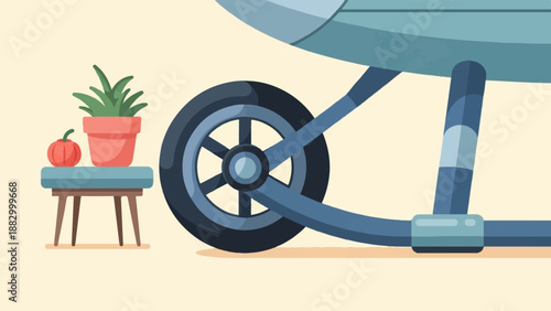 Stylized vehicle wheel with potted plant and small fruit on stool