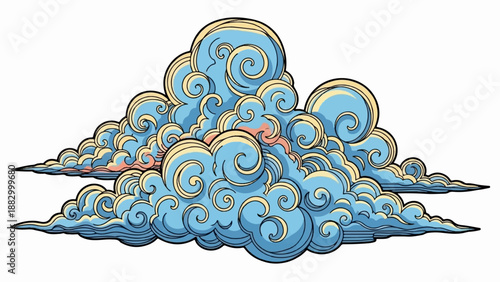 Stylized blue clouds with swirling patterns and hints of pink