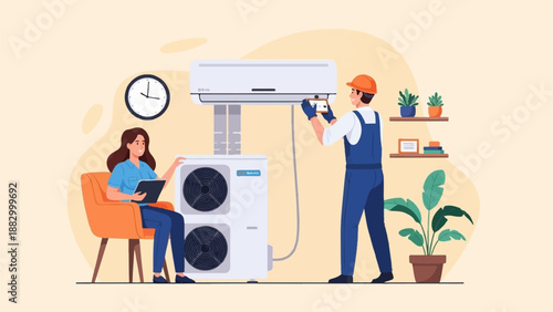 Technician checks air conditioning unit while woman reviews paperwork