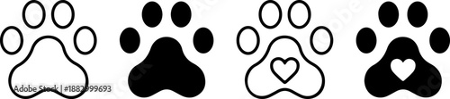 Pet paw icon set. Heart with dog, cat pet footprint. Paw print sign and symbol. Transparent png and vector illustration.