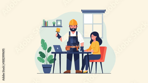 Technician discusses project with client at desk with laptop and plant