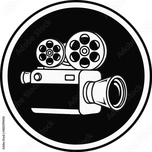 Stylized vintage film camera in a black circle, a classic cinema icon