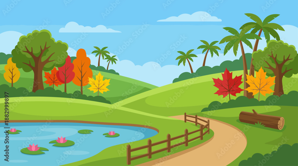 Fototapeta premium Vibrant Flat Design Vector Illustration of a Peaceful Nature Landscape with Pond