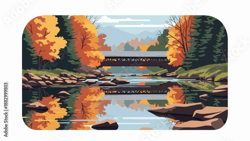 Serene autumn scene with a covered bridge over a reflective river