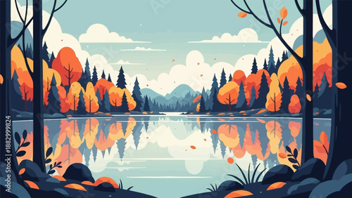 Serene autumn forest reflected in calm lake under a cloudy sky
