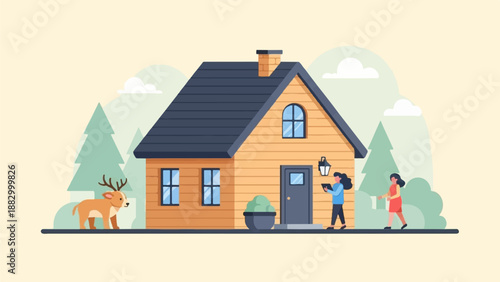 Stylized cabin with deer and people in a serene woodland setting