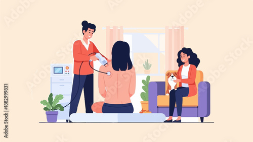 Therapeutic session with machine, seated woman with dog on couch