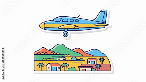 Stylized cartoon airplane flies over a colorful landscape with houses and palm trees