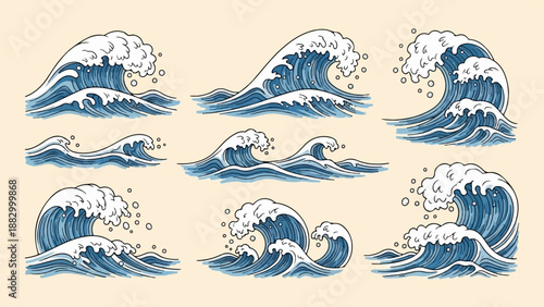 Stylized illustrations of powerful ocean waves in blue and white hues