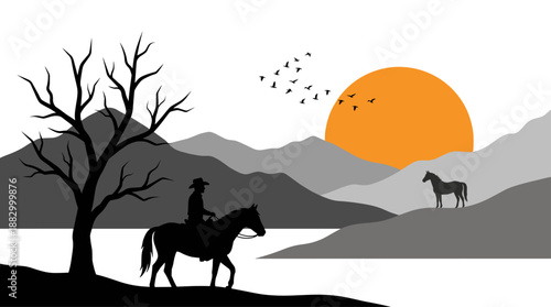 Minimalist Flat Design Vector Illustration of a Cowboy Riding a Horse at Sunset with Mountains