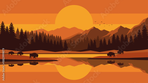 Sunset Mountain Landscape with Bison and Lake Vector Illustration Flat Design