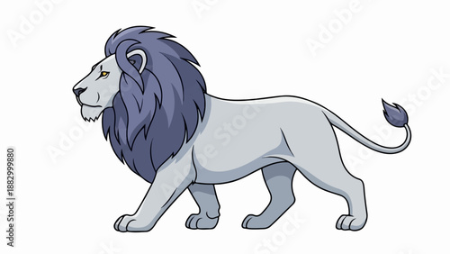 Stylized cartoon lion with light gray body and purple mane walks