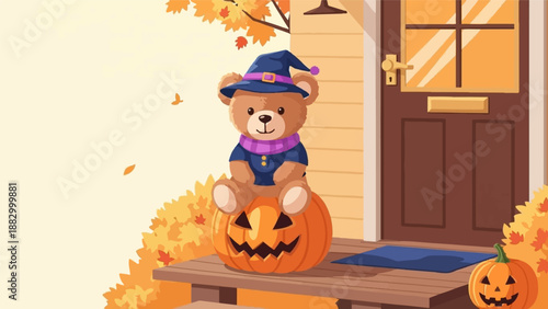 Teddy bear in witch hat sits on carved pumpkin on autumn porch