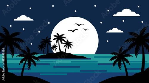 Tropical Night Sea Landscape with Palm Trees and Full Moon Vector Illustration Flat Design