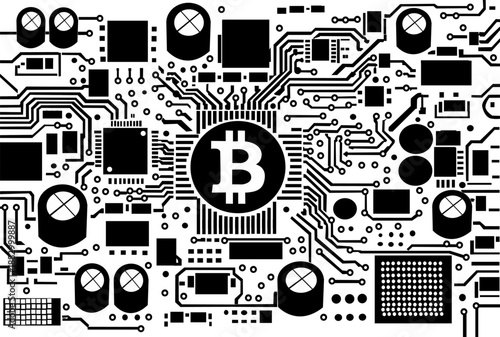 Vector illustration of a Bitcoin symbol on a microchip surrounded by electronic circuit elements. Futuristic technology concept representing cryptocurrency, blockchain, and digital finance.