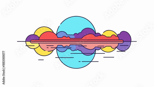 Stylized, colorful, layered abstract clouds and celestial body composition