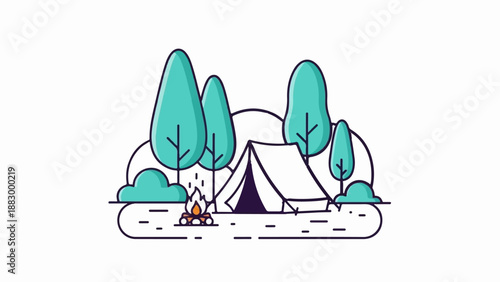 Stylized forest campsite with tent and campfire