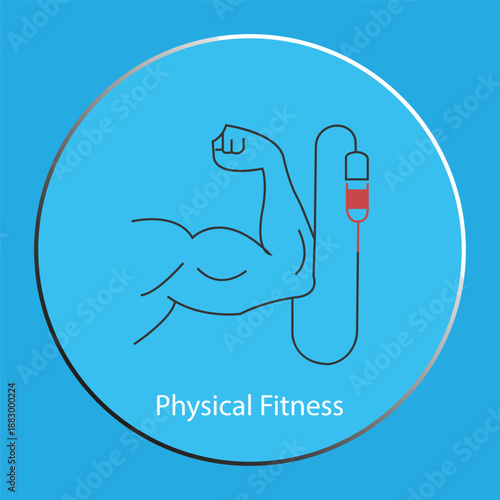 Conceptual Vector Illustration of Physical Fitness with Flexed Bicep Muscle and Supplement Capsule
