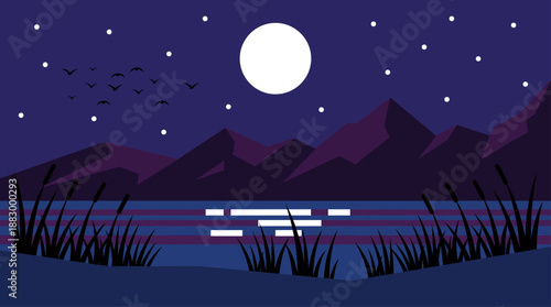 Vector Illustration of a Night Mountain Landscape with Full Moon and Lake in Flat Design