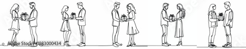 line art of standing couple giving gifts on valentine's day