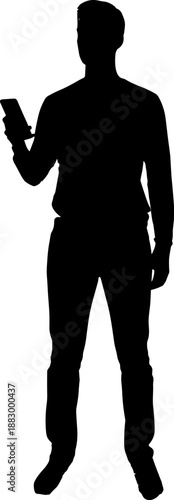 Silhouette icon of person standing and holding smartphone, representing mobile use and modern lifestyle design content.