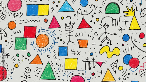 Vibrant hand-drawn abstract pattern featuring colorful geometric shapes and playful doodles, creating a lively and imaginative background design for creative projects
