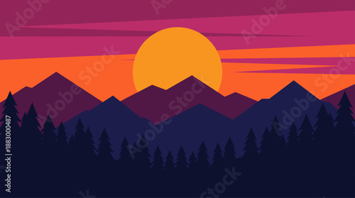 Minimalist mountain landscape at sunset with pine forest vector illustration and flat design