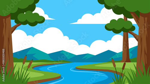 Peaceful River Landscape with Mountains and Trees in Flat Design Vector Illustration