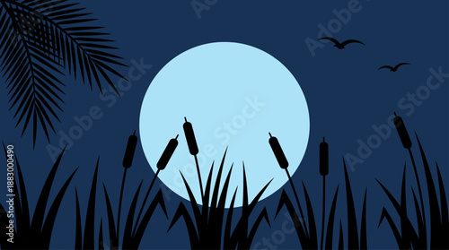 Night Landscape with Moon and Cattail Silhouettes Vector Illustration Flat Design