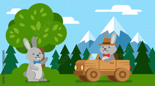 Cute Bunny Driving SUV in Forest with Mountains Vector Illustration Flat Design Minimalist