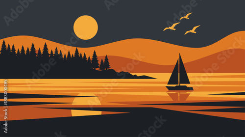 Minimalist Illustration of a Sailboat at Sunset on a Calm Lake Flat Design Vector Illustration