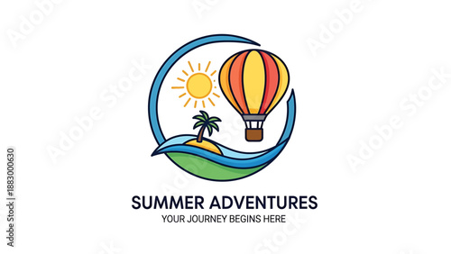 Hot Air Balloon Over Tropical Island with Palm Tree and Sun - Your Journey Begins Here
