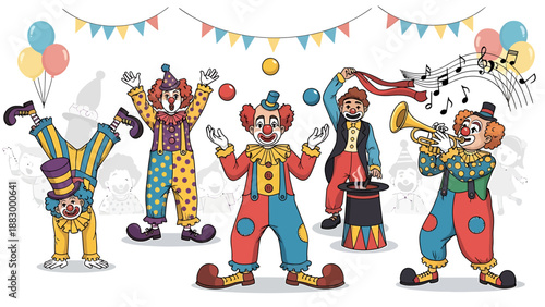 Joyful Clowns Performing Various Acts in a Vibrant and Festive Circus Atmosphere