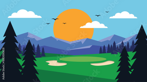 Flat Design Vector Illustration of a Scenic Golf Course with Mountains and Sunset