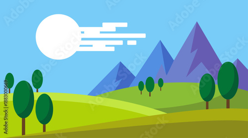 Minimalist Landscape Vector Illustration with Hills Mountains and Sun in Flat Design Style