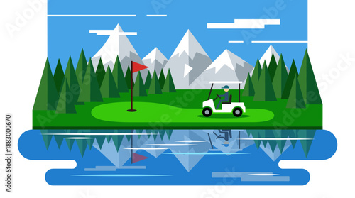 Vector Illustration of a Minimalist Golf Course Scene with Cart Mountains and Lake Reflection