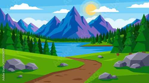 Nature Landscape Vector Illustration with Mountains Lake and Forest in Flat Design Style