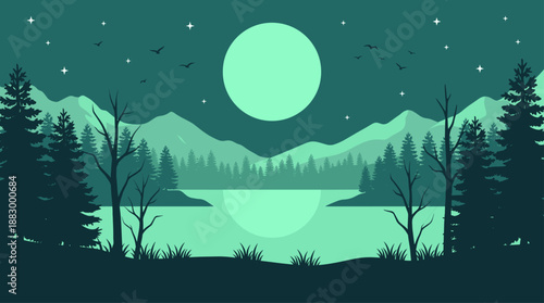Night Forest Landscape Vector Illustration with Lake Mountains and Full Moon in Flat Design
