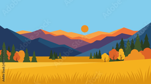 Minimalist Illustration of an Autumn Mountain Landscape in Flat Design Vector
