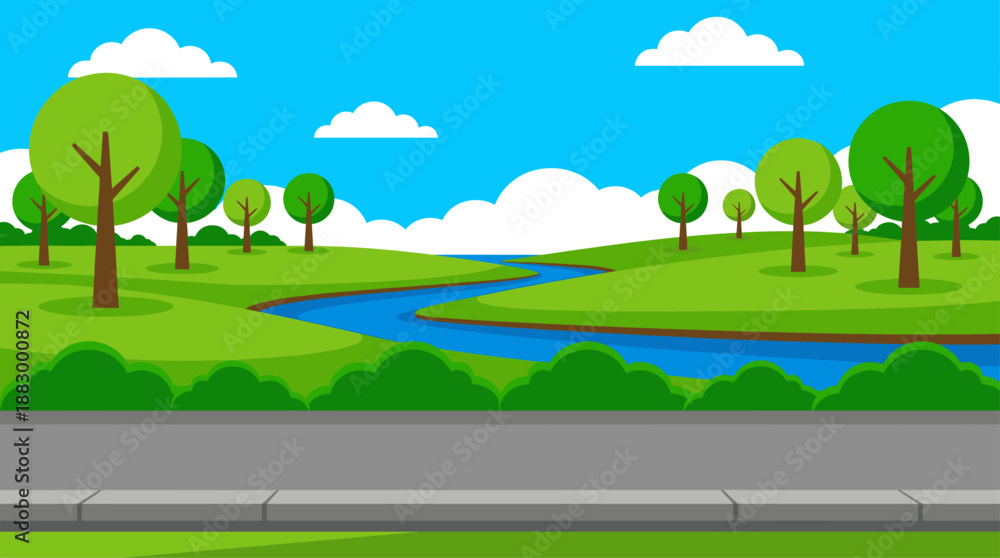 Fototapeta premium Clean Minimalist Vector Illustration of Peaceful Park Nature Landscape with River and Road