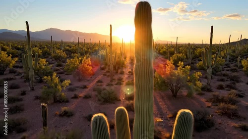Golden sunset over saguaro cactus desert landscape.