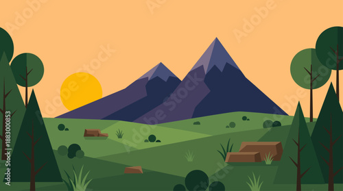 Flat Design Vector Illustration of Mountain Landscape at Sunset with Forest and Hills