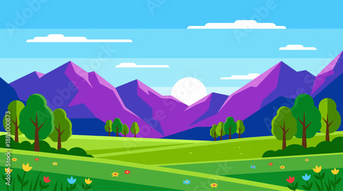 Flat Design Vector Illustration of a Peaceful Purple Mountain Landscape with Green Meadows
