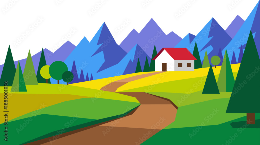 Obraz premium Vector Illustration of a Flat Design Mountain Landscape with a Small House and Winding Path