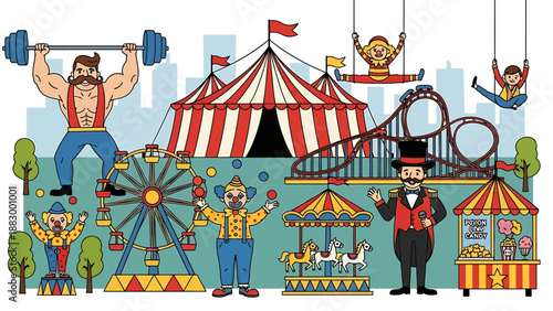 Exciting Carnival Scene Featuring Rides, Games, Performers, and Attractions Under a Striped Big Top Tent
