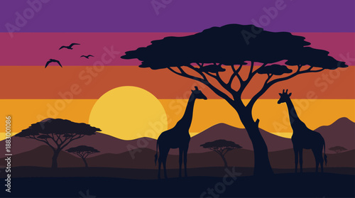 African Savanna Sunset with Giraffes and Acacia Tree Vector Illustration Flat Design