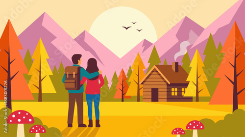Vector Illustration of a Couple Hiking to a Mountain Cabin in Autumn Flat Design Landscape
