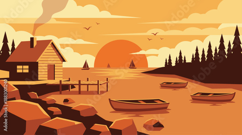 Serene Lake Landscape with Cabin and Boats Vector Illustration in Flat Design Style